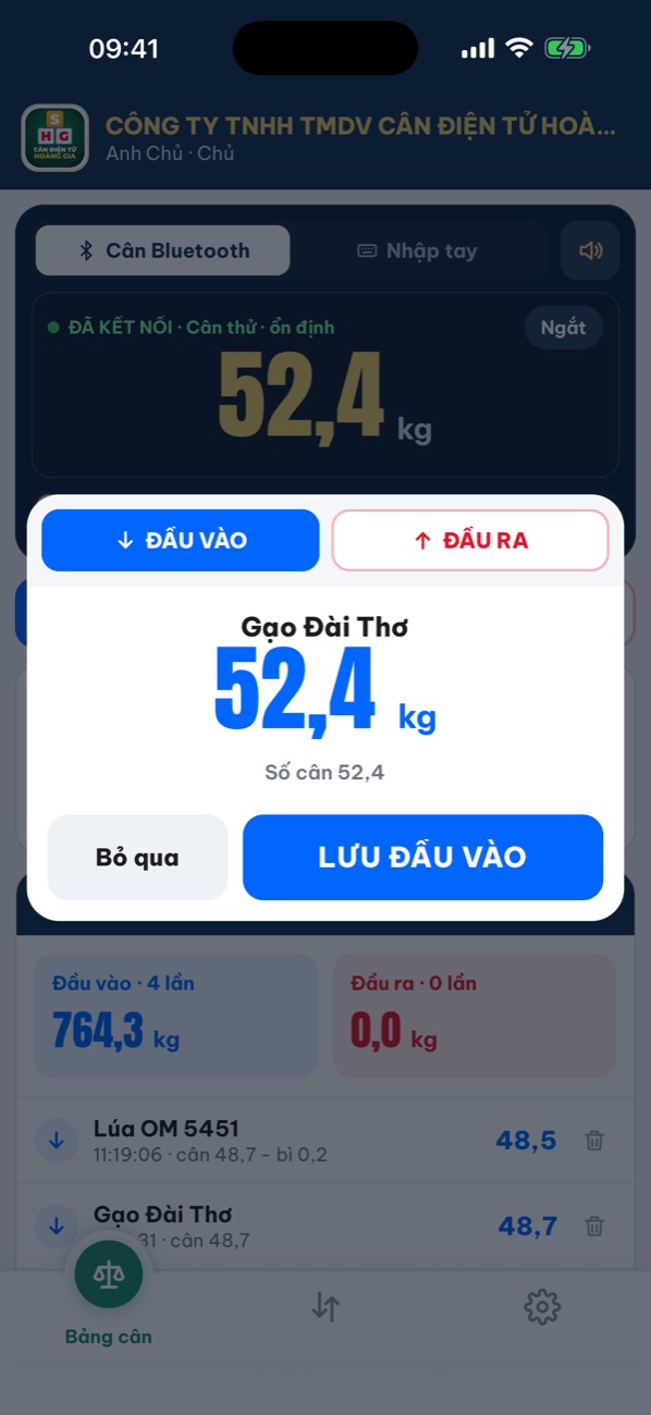 App Quản Lý Cân Điện Tử: cân đứng số hiện bảng LƯU