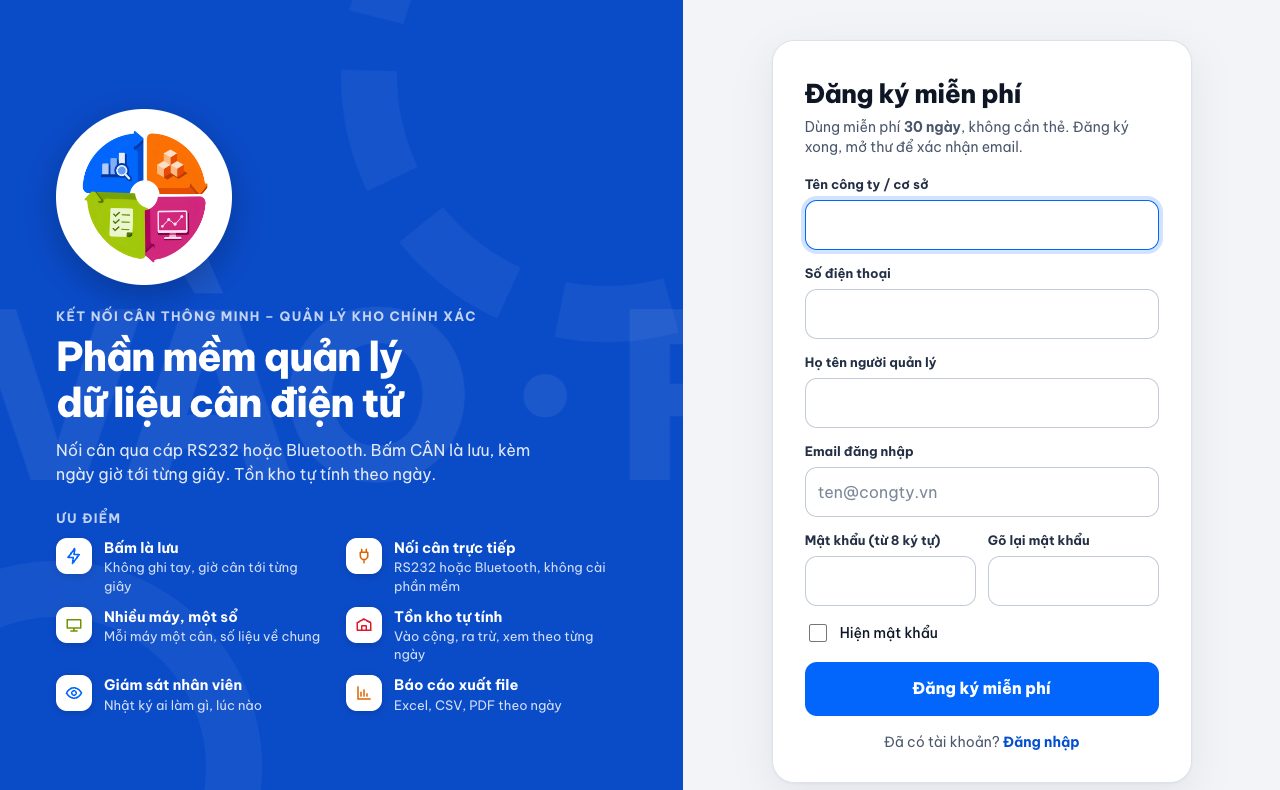 Trang đăng ký dùng thử phần mềm quản lý dữ liệu cân điện tử