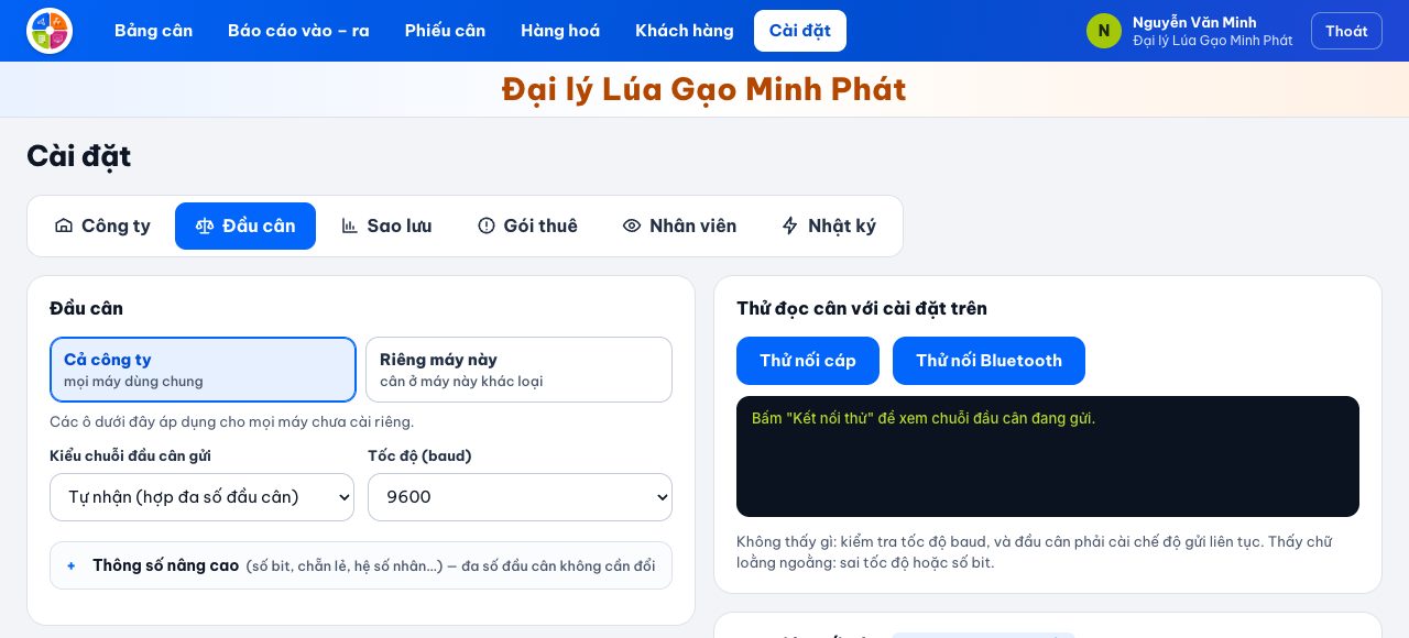 Cài đặt đầu cân RS232 và Bluetooth