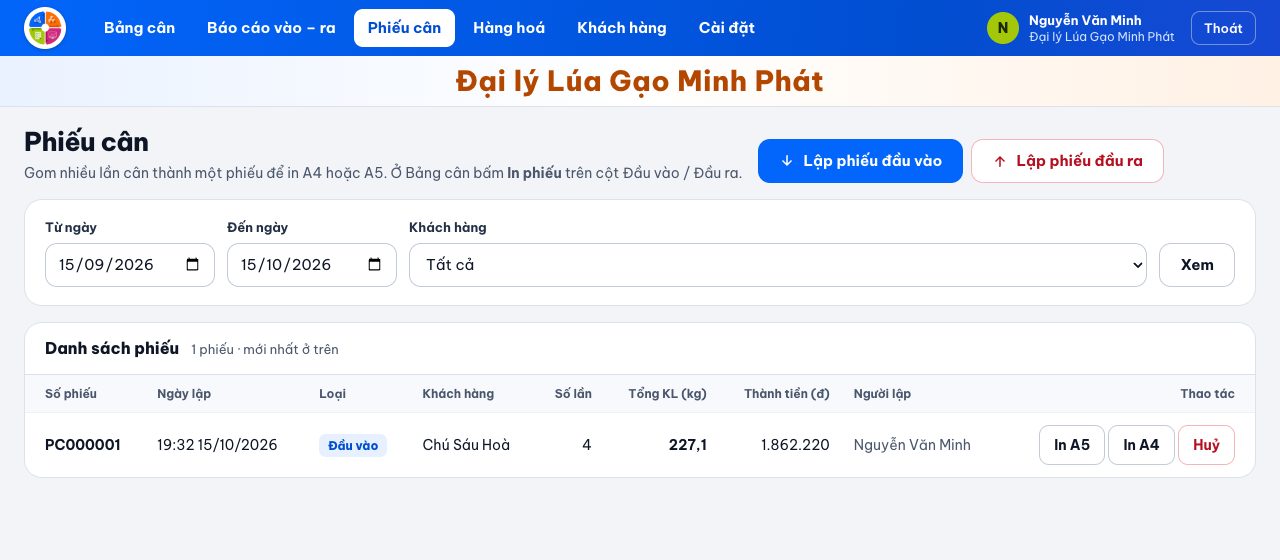 Danh sách phiếu cân